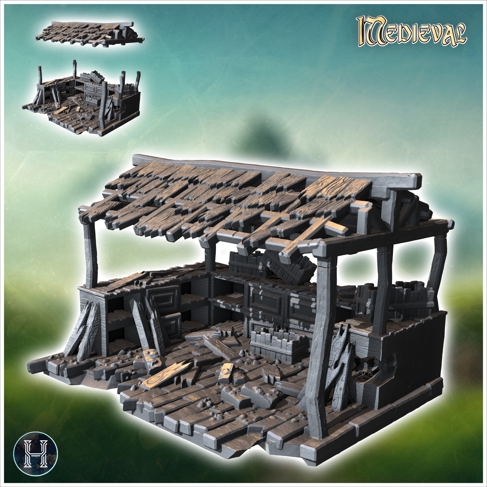 Partially collapsed wooden shed with exposed beams and scattered tools (3) - Medieval Gothic Feudal Old Archaic Saga 28mm 15mm RPG